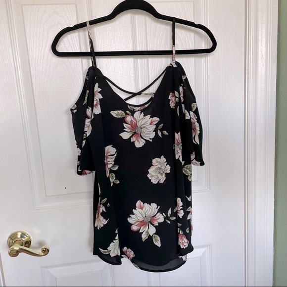 Gorgeous Black Floral Cold Shoulder Blouse with Cross Back Detail - Picture 3 of 9
